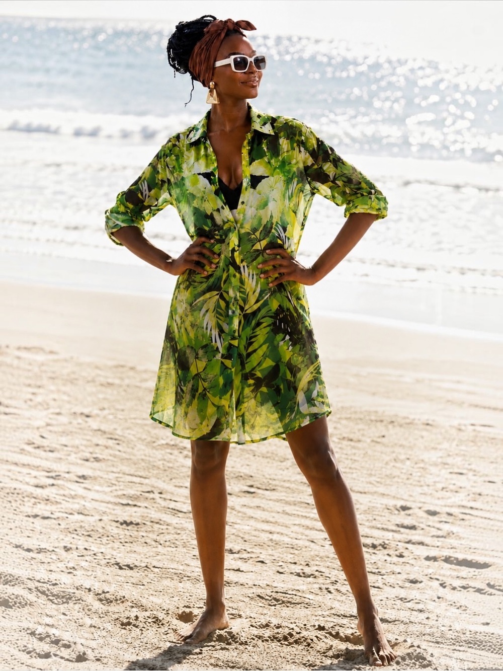 Tropical Botanical Shirt Dress Cover-Up | Green Button Front Beach Resort Tunic